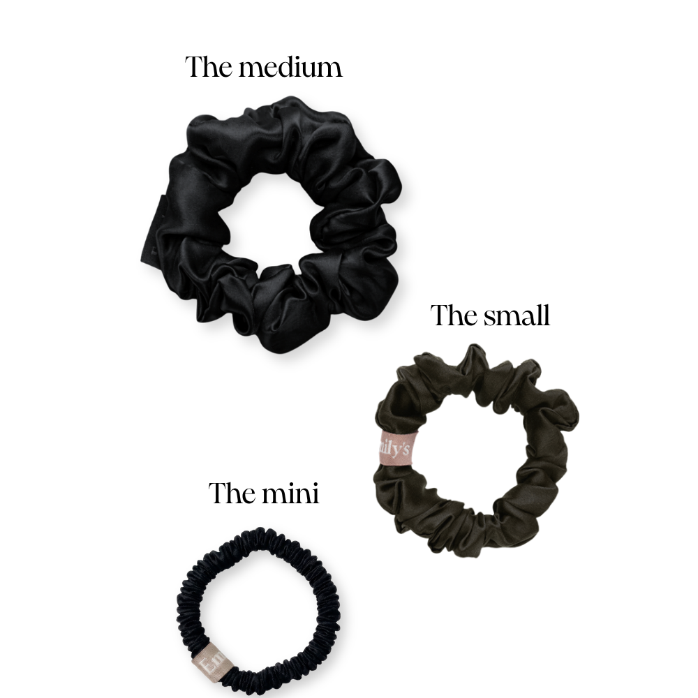 Set of 3 100% Pure Silk Scrunchies - The Mini, The Small, The Medium - Black