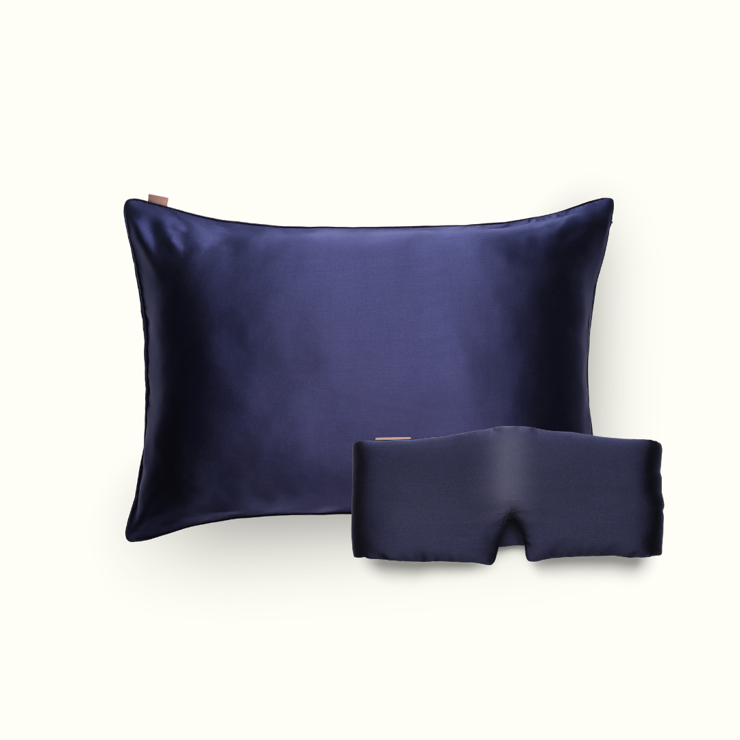 Sleep pack - 100% silk pillowcase and deep sleep mask - Midnight blue