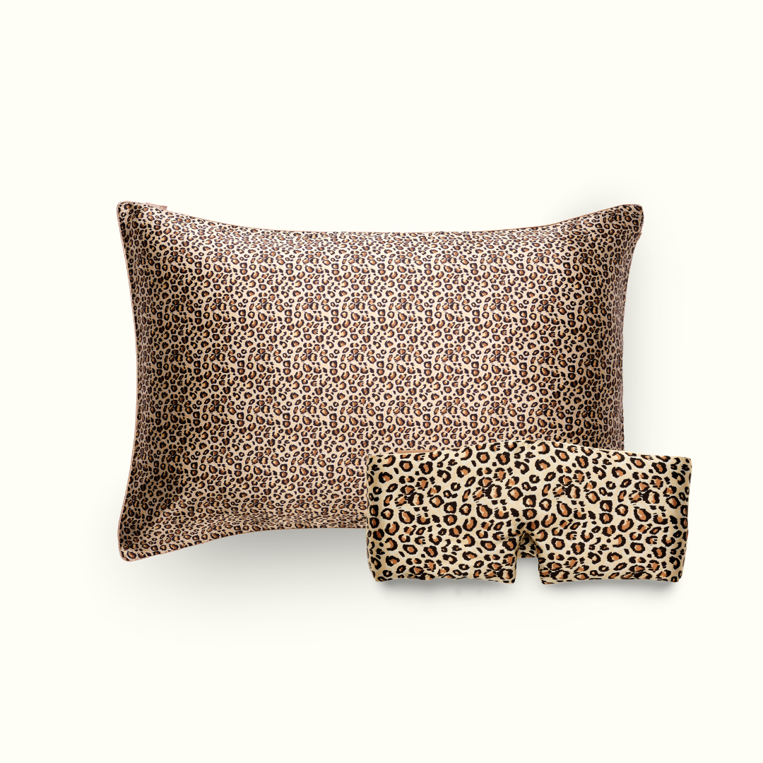 Sleep pack - 100% silk pillowcase and deep sleep mask - Leopard