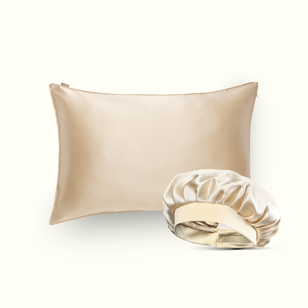 Hair pack - 100% silk pillowcase and nightcap - Champagne