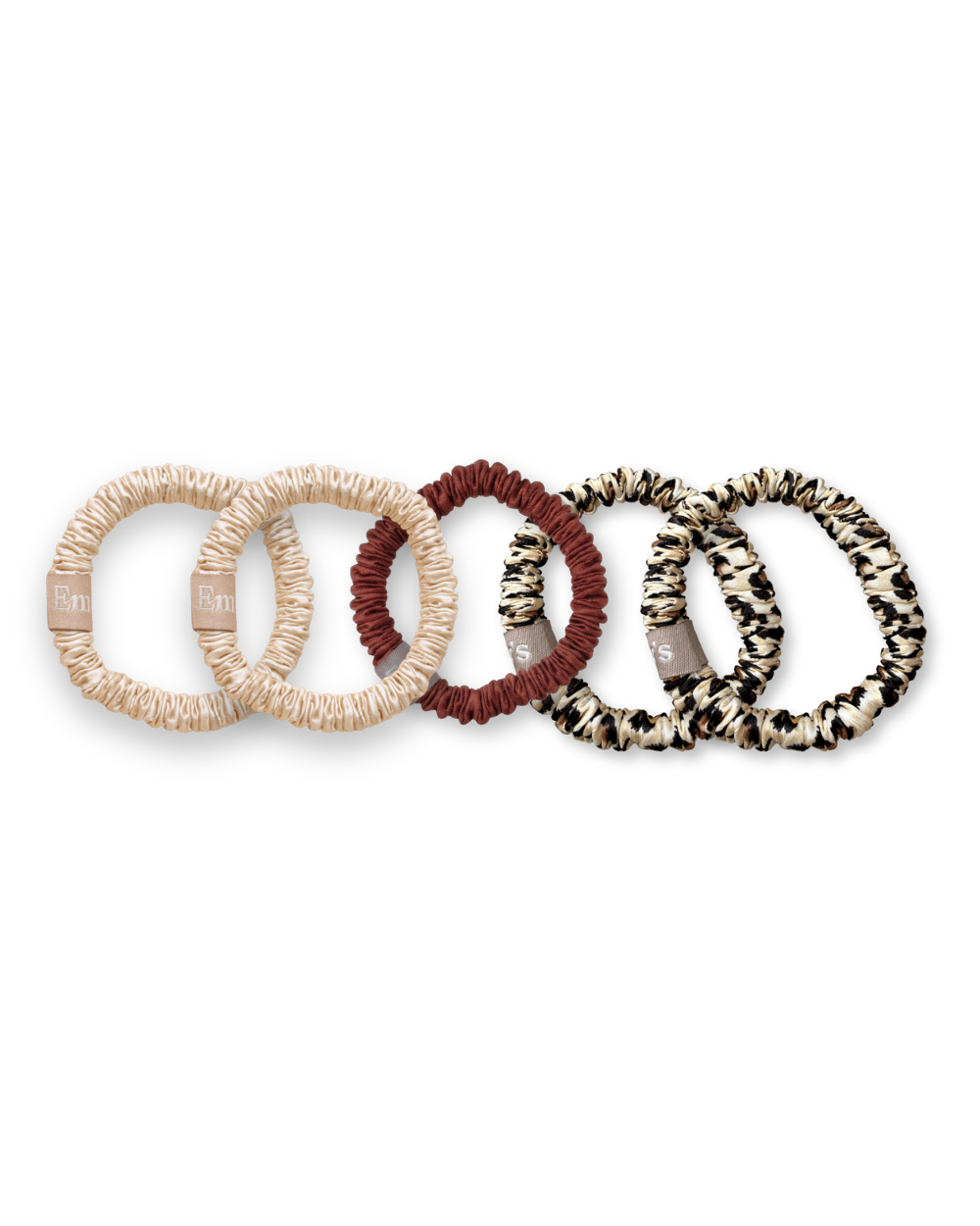 Set of 5 100% Silk Scrunchies - The Mini - Champagne (x2), Leopard (x2), Moka