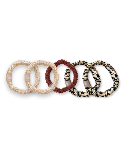 Set of 5 100% Silk Scrunchies - The Mini - Champagne (x2), Leopard (x2), Moka