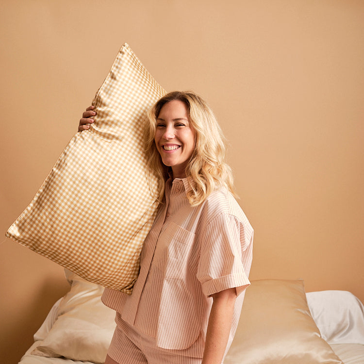 100% Mulberry Silk Pillowcase - Beige Gingham