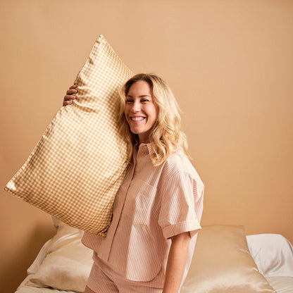 100% Mulberry Silk Pillowcase - Beige Gingham
