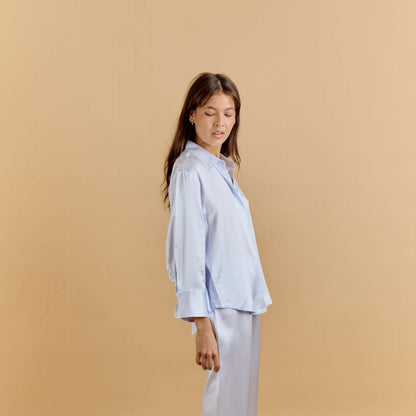 100% Pure Mulberry Silk Oversized Shirt - Blue Stripes