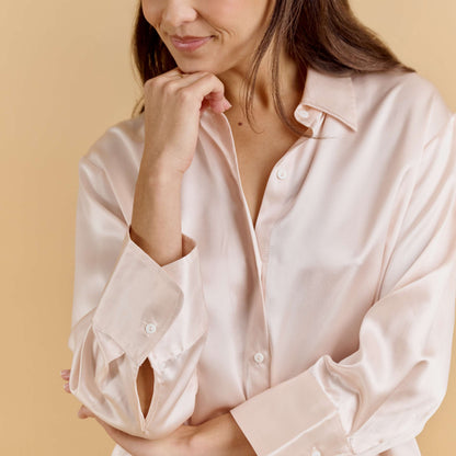 100% Pure Mulberry Silk Oversized Shirt - Powder Pink