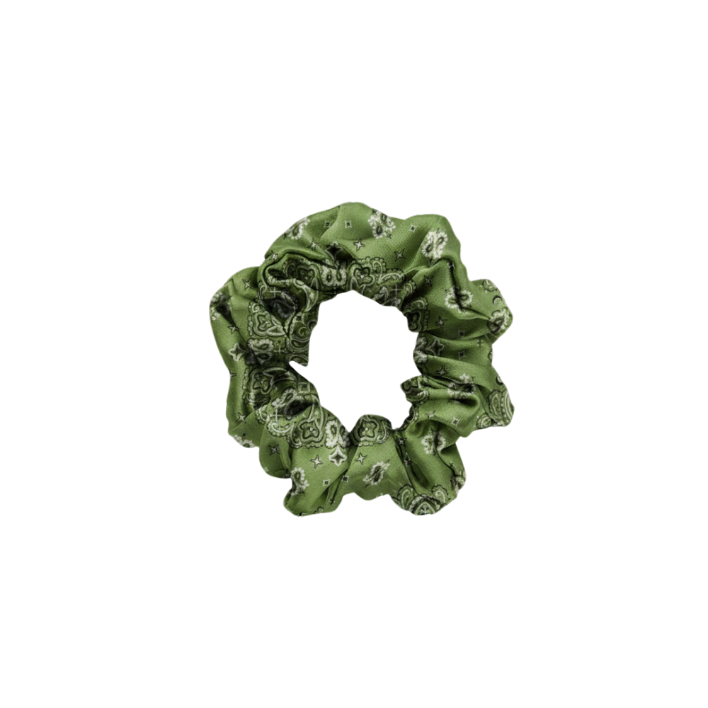 Chouchou 100 % pure soie - Taille moyenne - Motif bandana vert