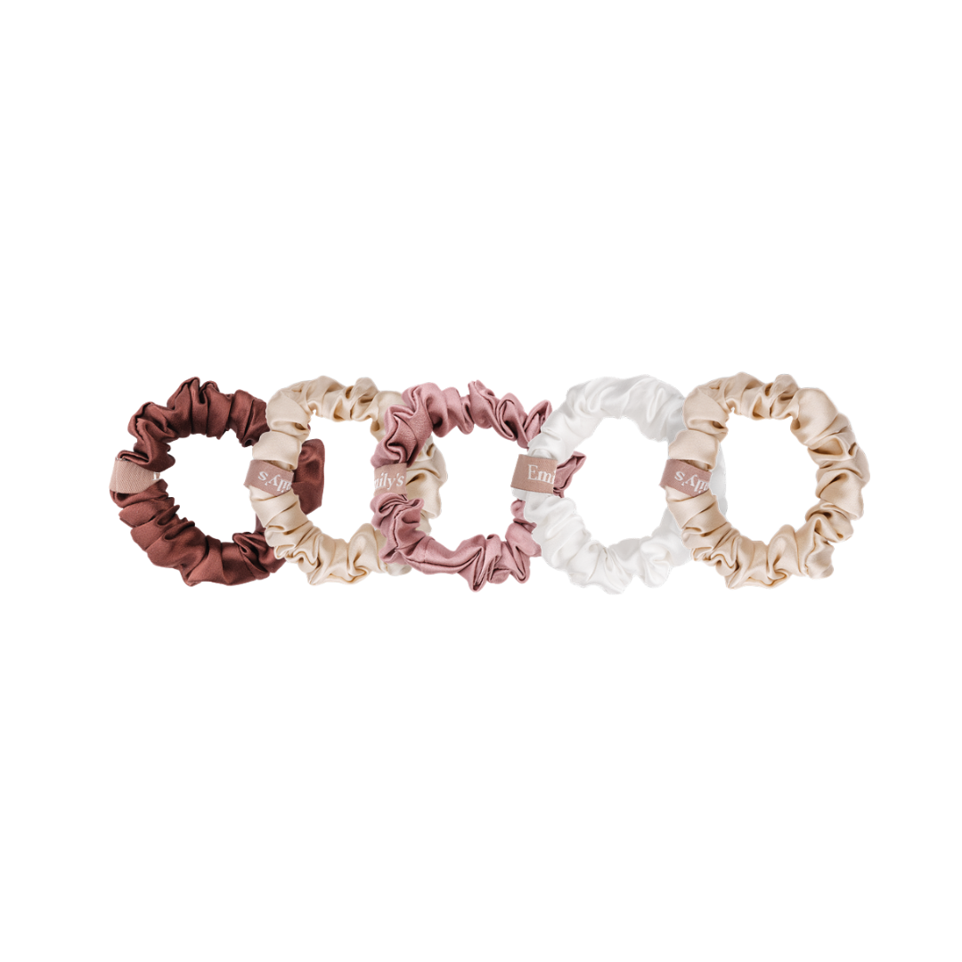 Set of 5 100% Silk Scrunchies - The Small - Champagne(x2), Moka, White, Old Pink