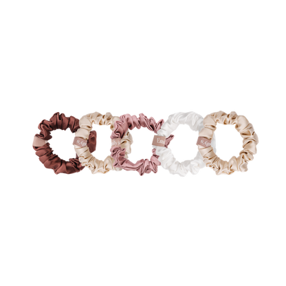 Set of 5 100% Silk Scrunchies - The Small - Champagne(x2), Moka, White, Old Pink