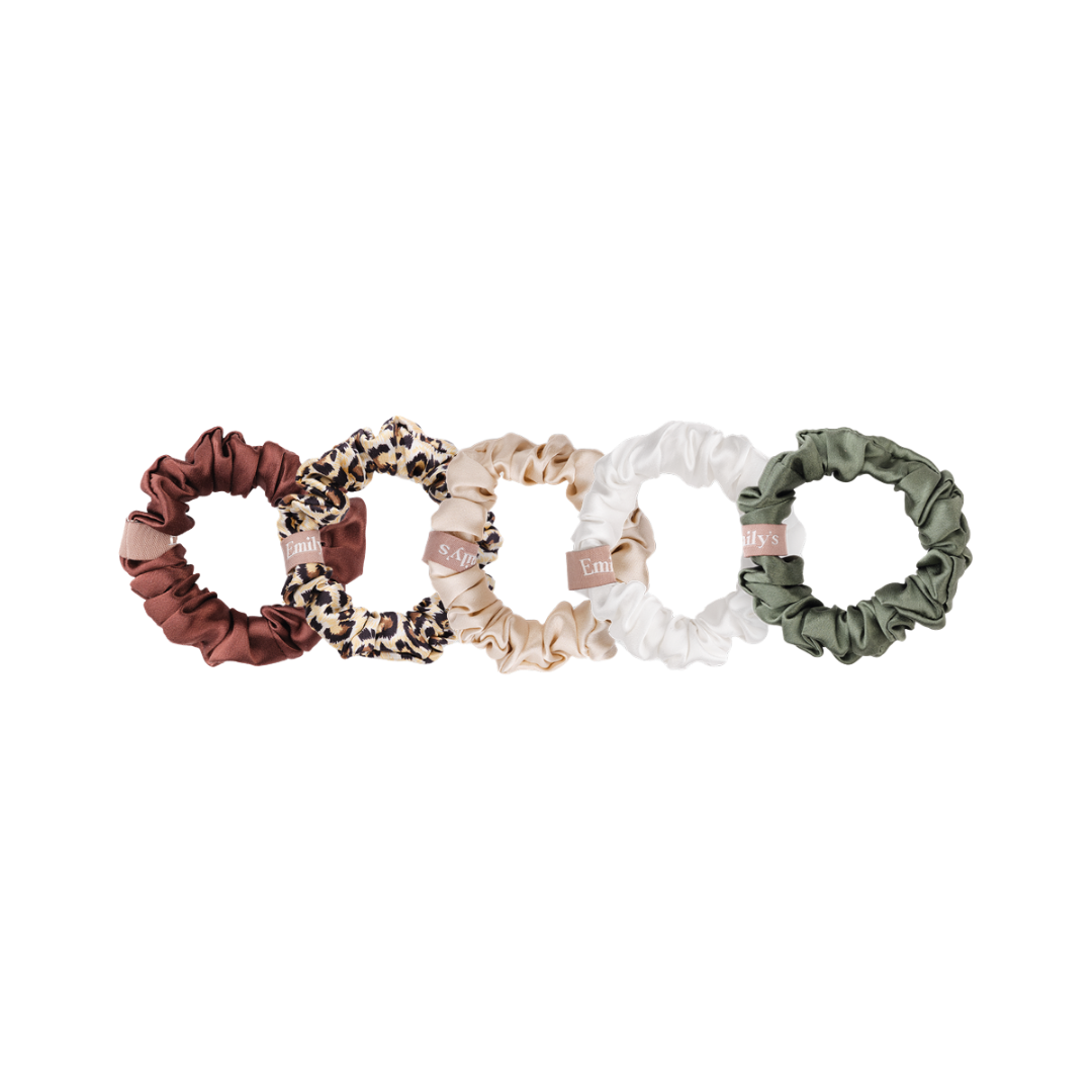 Set of 5 100% Silk Scrunchies - The Small - Champagne, Leopard, Moka, Sage Green, White