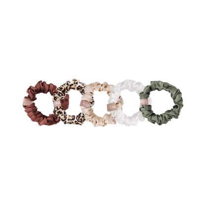 Set of 5 100% Silk Scrunchies - The Small - Champagne, Leopard, Moka, Sage Green, White
