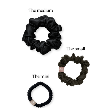 Set of 3 100% Pure Silk Scrunchies - The Mini, The Small, The Medium - Black